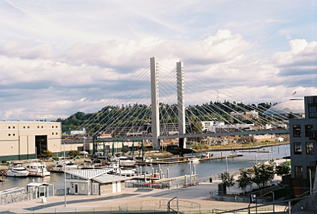 [A wire suspension bridge crosses a river with a lot of docks in the water.]